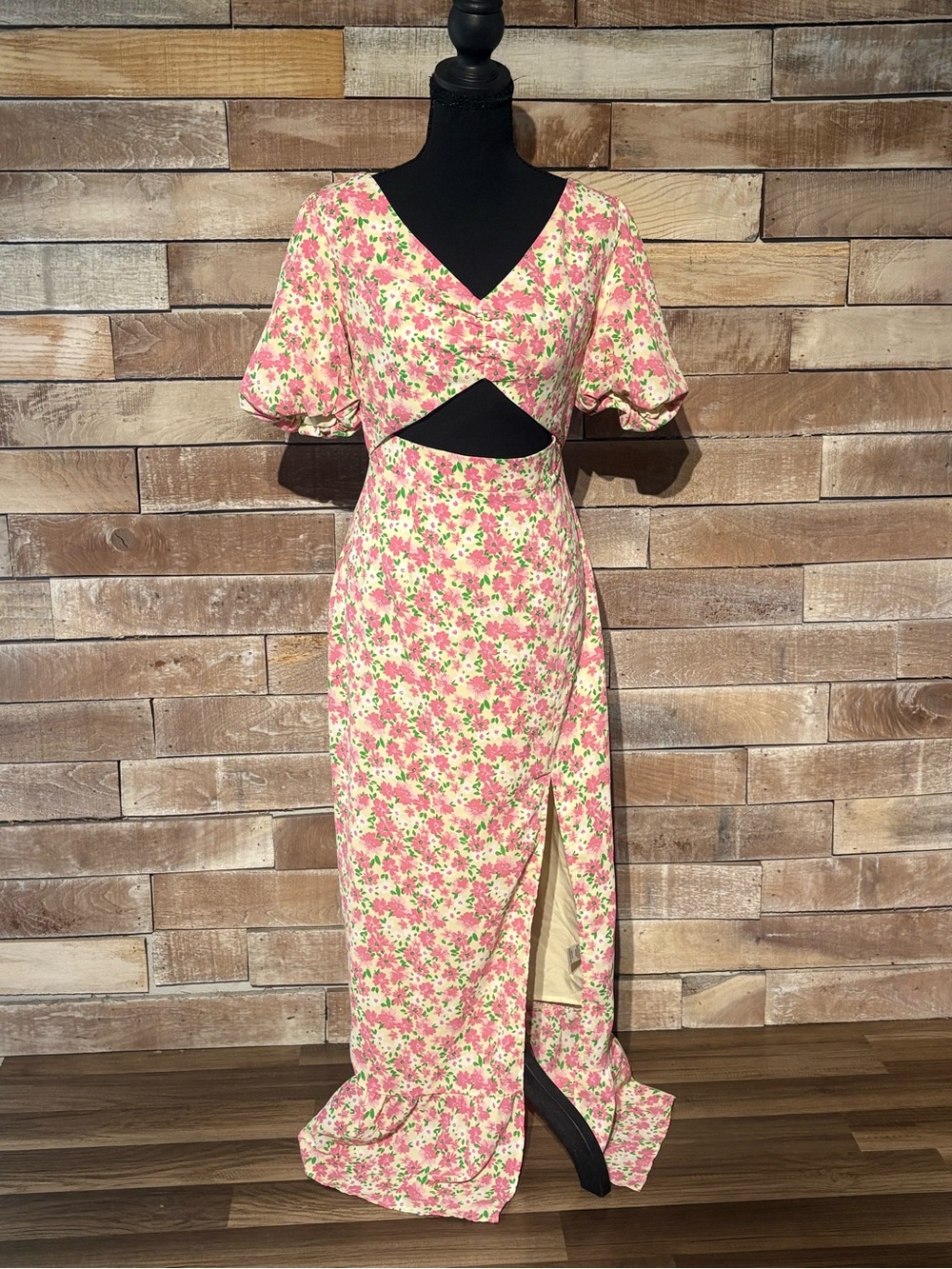 Sugarlips Floral Puff Sleeve Front Cutout Maxi Dress Size S